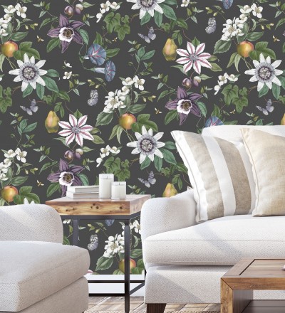 Papel pintado de flores y frutos fondo nácar negro Amber Flowers 681967