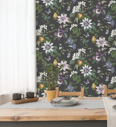 Papel pintado de flores y frutos fondo nácar negro Amber Flowers 681967