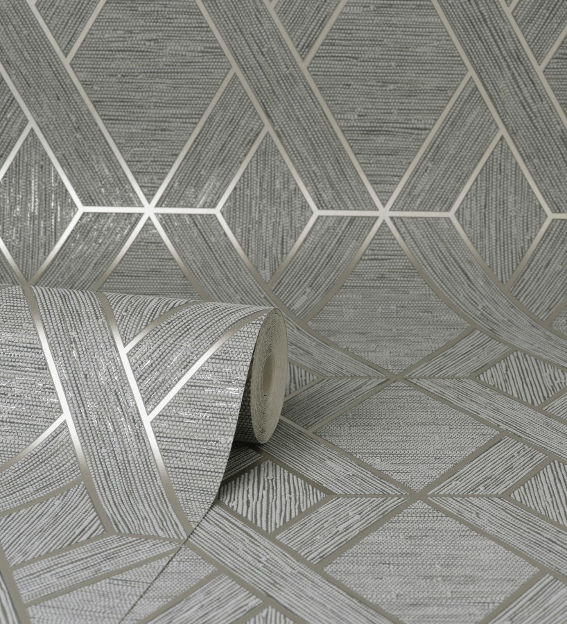 Papel pintado geométrico trenzado de líneas metalizadas imitando al textil Evolet Braided 681976