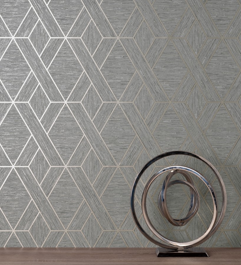 Papel pintado geométrico trenzado de líneas metalizadas imitando al textil Evolet Braided 681976