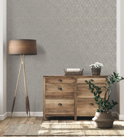 Papel pintado geométrico trenzado de líneas metalizadas imitando al textil Evolet Braided 681976
