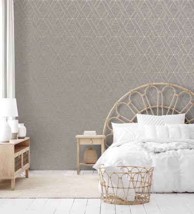 Papel pintado geométrico trenzado de líneas metalizadas imitando al textil Evolet Braided 681976
