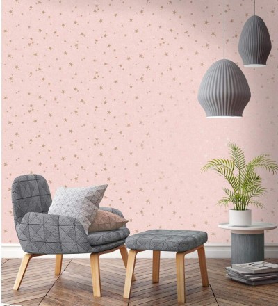 Papel pintado infantil de cielo rosa con estrellas doradas Itzel 681984