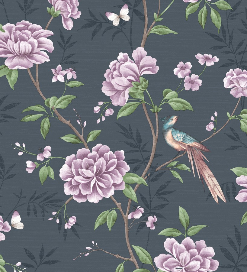 Papel pintado de pájaros y flores fondo texturizado efecto fibra vegetal azul Nora Garden 681987