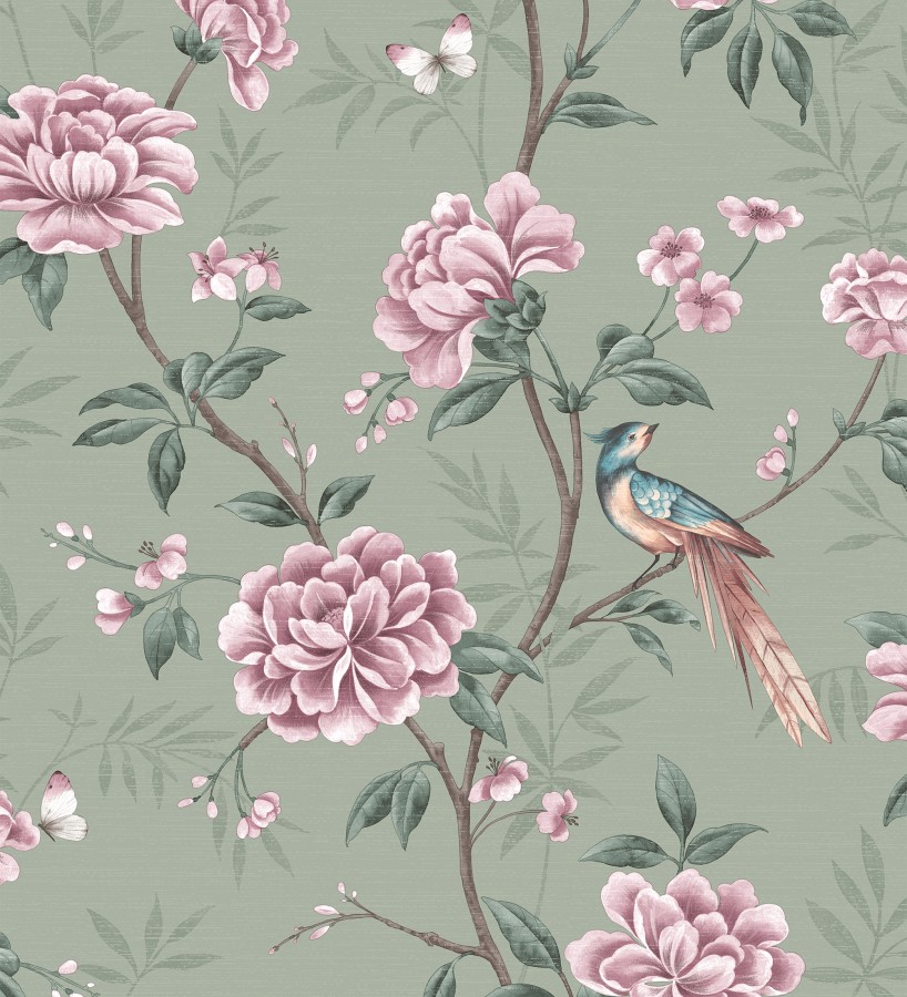 Papel pintado de pájaros y flores fondo texturizado efecto fibra vegetal verde Nora Garden 681988