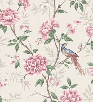 Papel pintado de pájaros y flores fondo texturizado efecto fibra vegetal beige Nora Garden 681989