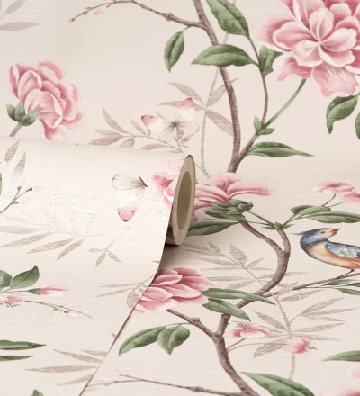 Papel pintado de pájaros y flores fondo texturizado efecto fibra vegetal beige Nora Garden 681989
