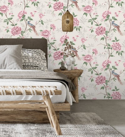 Papel pintado de pájaros y flores fondo texturizado efecto fibra vegetal beige Nora Garden 681989