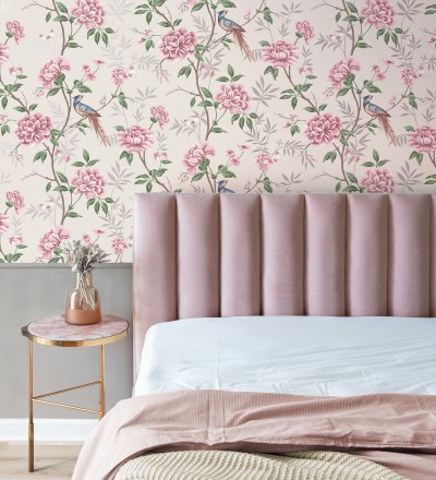 Papel pintado de pájaros y flores fondo texturizado efecto fibra vegetal beige Nora Garden 681989