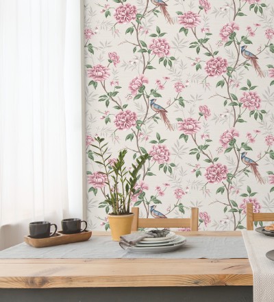 Papel pintado de pájaros y flores fondo texturizado efecto fibra vegetal beige Nora Garden 681989