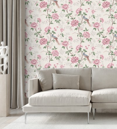 Papel pintado de pájaros y flores fondo texturizado efecto fibra vegetal beige Nora Garden 681989