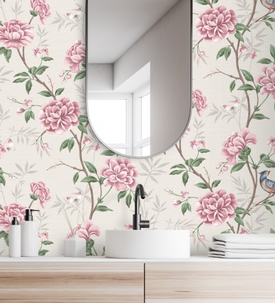 Papel pintado de pájaros y flores fondo texturizado efecto fibra vegetal beige Nora Garden 681989