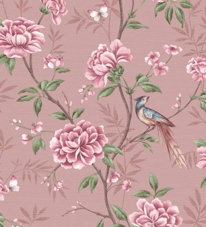 Papel pintado de pájaros y flores fondo texturizado efecto fibra vegetal rosa Nora Garden 681990