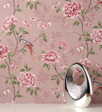 Papel pintado de pájaros y flores fondo texturizado efecto fibra vegetal rosa Nora Garden 681990