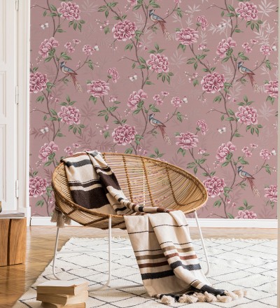 Papel pintado de pájaros y flores fondo texturizado efecto fibra vegetal rosa Nora Garden 681990