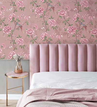 Papel pintado de pájaros y flores fondo texturizado efecto fibra vegetal rosa Nora Garden 681990