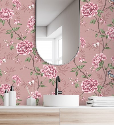 Papel pintado de pájaros y flores fondo texturizado efecto fibra vegetal rosa Nora Garden 681990