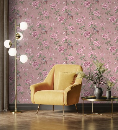Papel pintado de pájaros y flores fondo texturizado efecto fibra vegetal rosa Nora Garden 681990