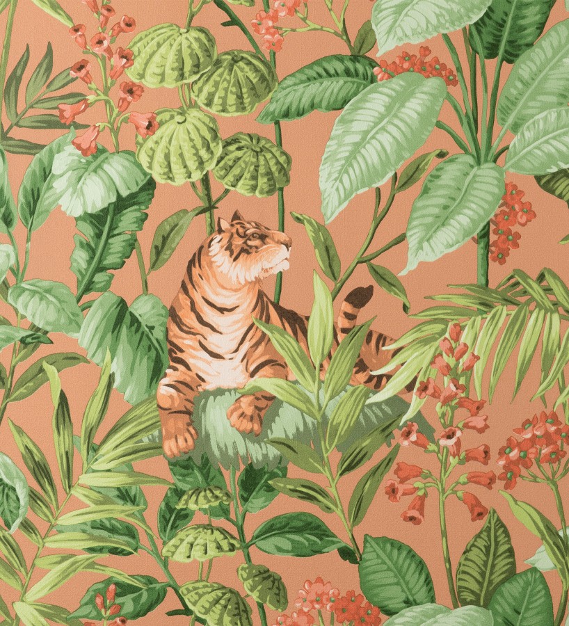 Papel pintado de tigres y hojas tropicales texturizado color canela Machli 681995