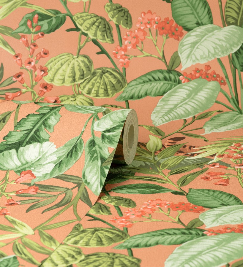 Papel pintado de tigres y hojas tropicales texturizado color canela Machli 681995