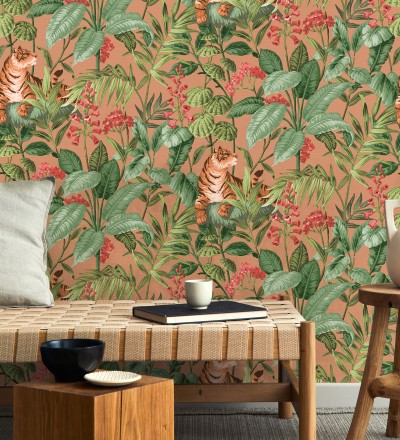 Papel pintado de tigres y hojas tropicales texturizado color canela Machli 681995