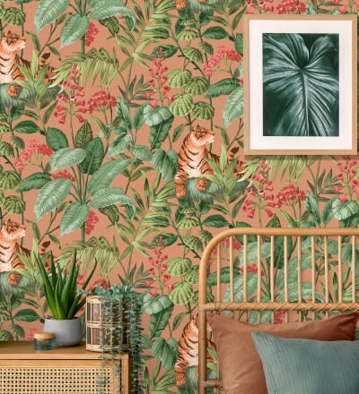 Papel pintado de tigres y hojas tropicales texturizado color canela Machli 681995