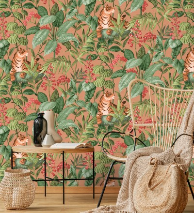 Papel pintado de tigres y hojas tropicales texturizado color canela Machli 681995