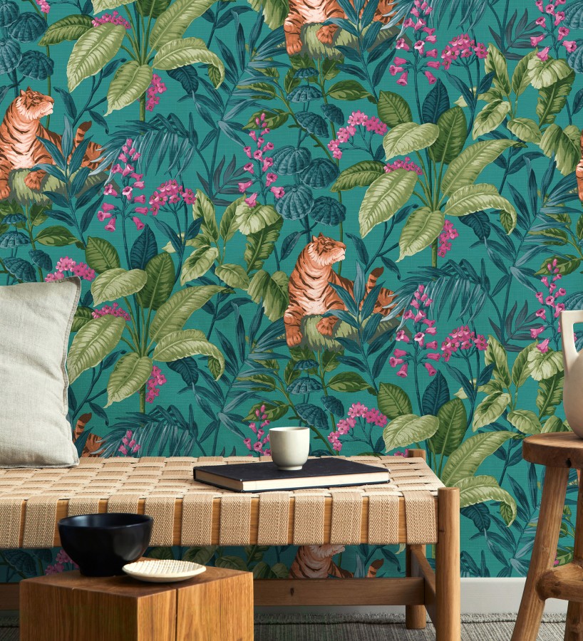 Papel pintado de tigres y hojas tropicales texturizado color turquesa Machli 681996