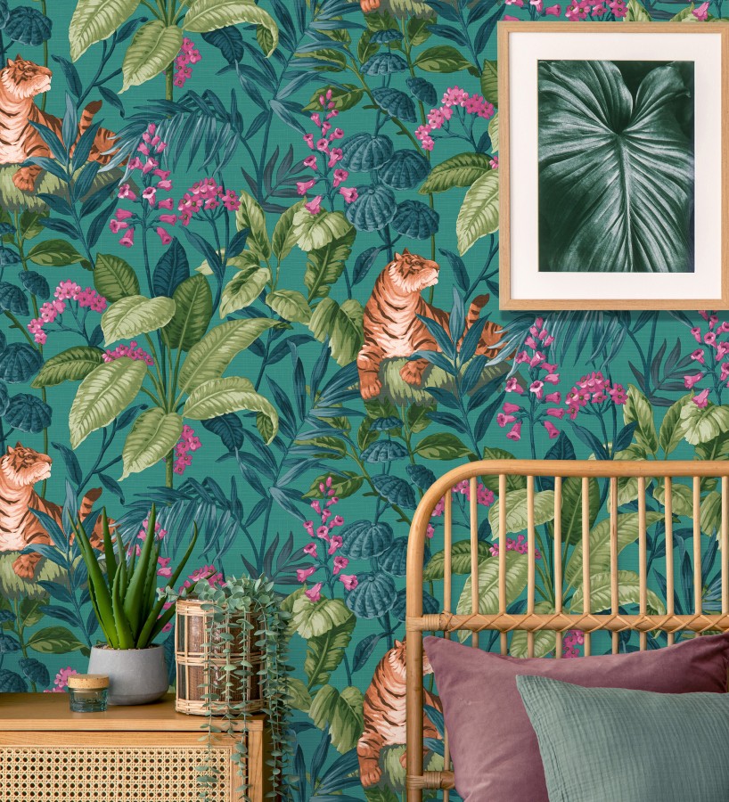 Papel pintado de tigres y hojas tropicales texturizado color turquesa Machli 681996