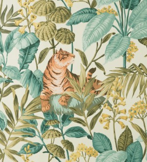 Papel pintado de tigres y hojas tropicales texturizado color blanco roto Machli 681998