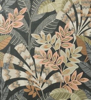 Papel pintado de hojas étnicas fondo negro con texturas estilo tropical Aruba Palm 681999