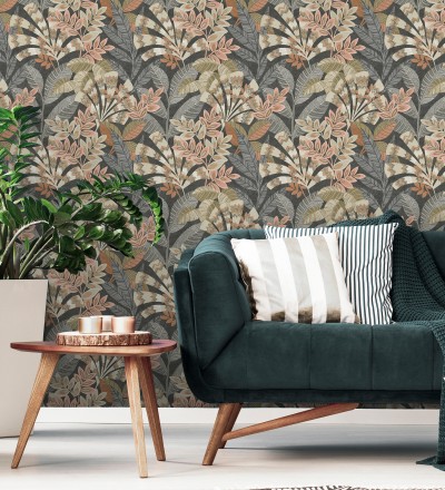 Papel pintado de hojas étnicas fondo negro con texturas estilo tropical Aruba Palm 681999