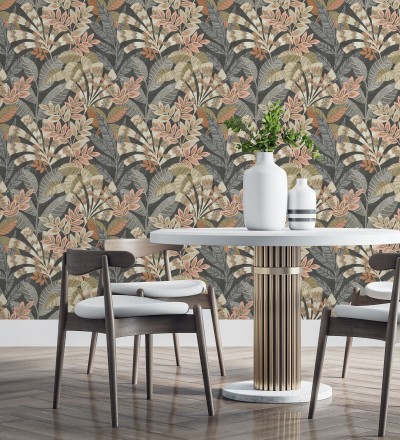 Papel pintado de hojas étnicas fondo negro con texturas estilo tropical Aruba Palm 681999