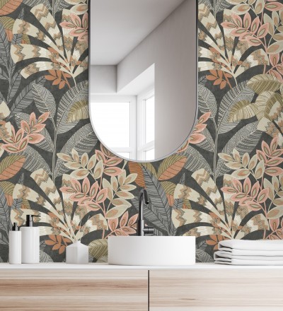 Papel pintado de hojas étnicas fondo negro con texturas estilo tropical Aruba Palm 681999
