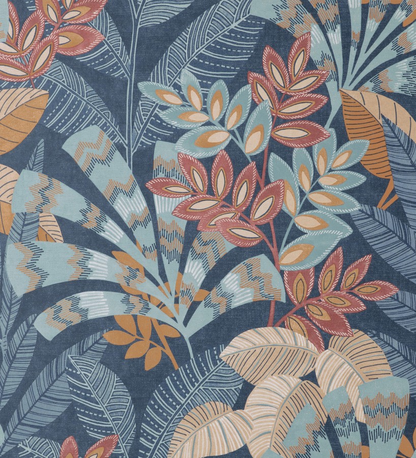 Papel pintado de hojas étnicas fondo azul con texturas estilo tropical Aruba Palm 682000