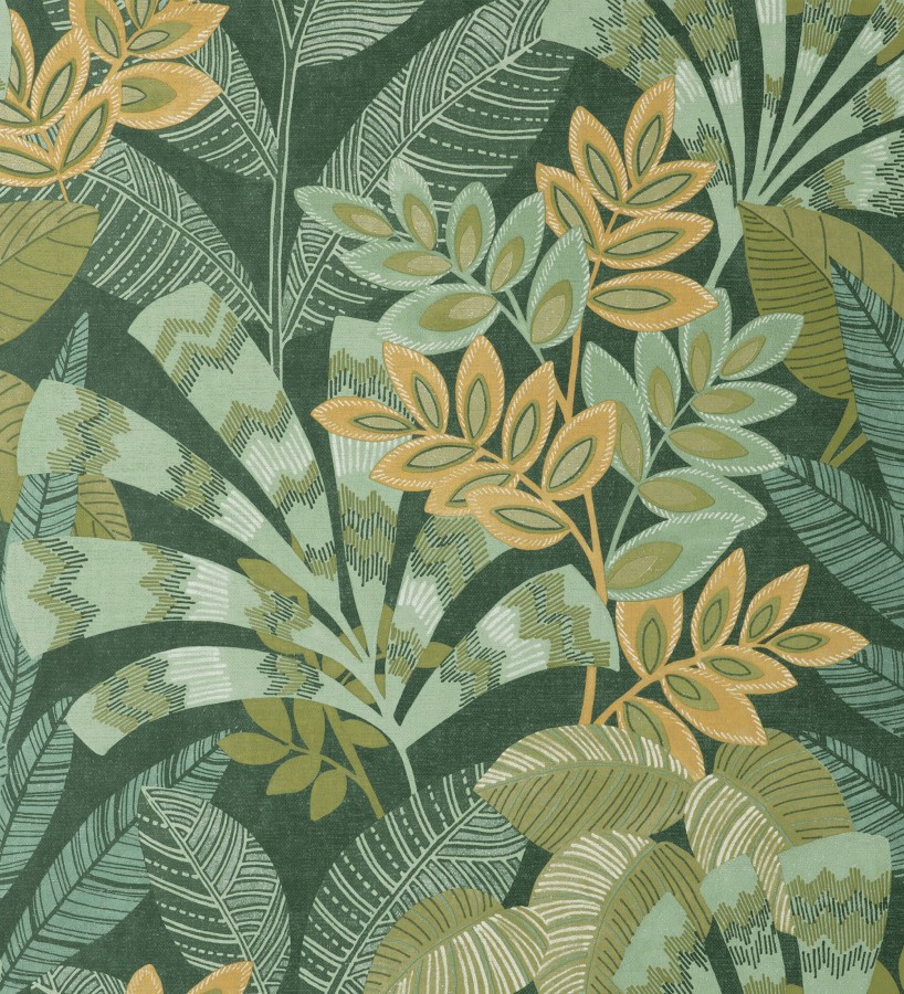 Papel pintado de hojas étnicas fondo verde con texturas estilo tropical Aruba Palm 682001