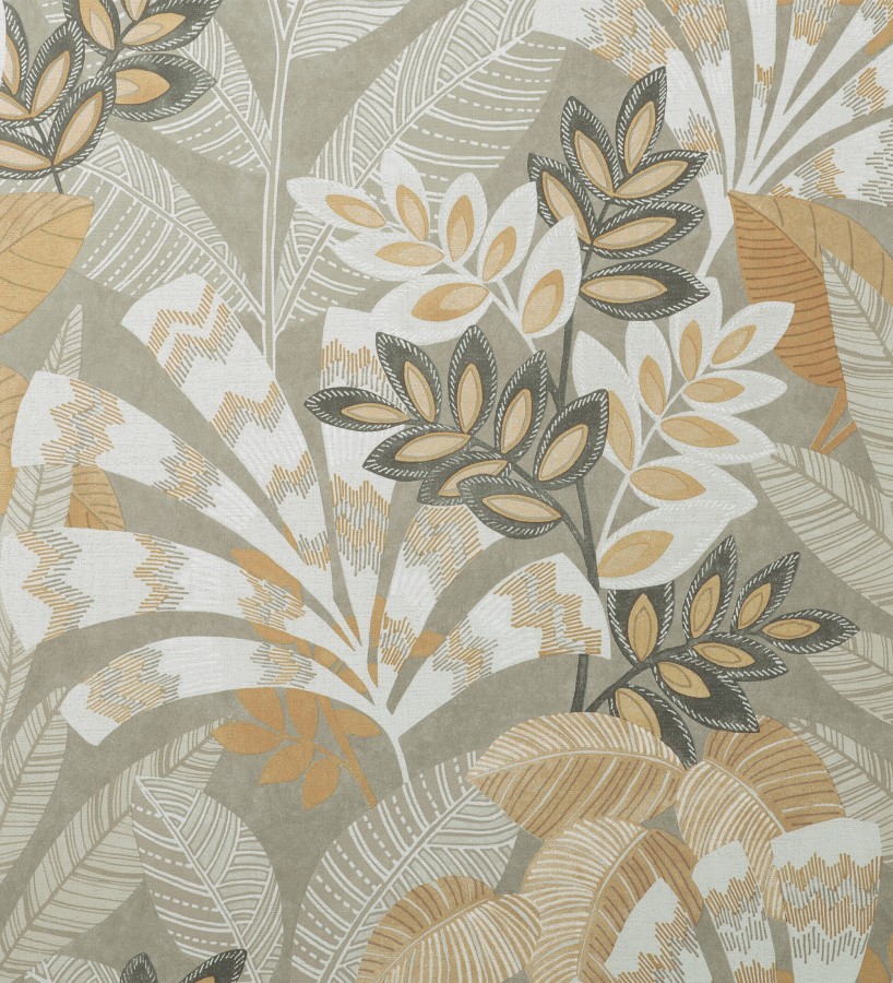 Papel pintado de hojas étnicas fondo gris claro con texturas estilo tropical Aruba Palm 682002