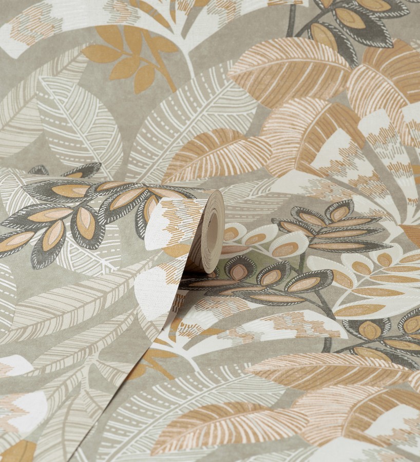 Papel pintado de hojas étnicas fondo gris claro con texturas estilo tropical Aruba Palm 682002