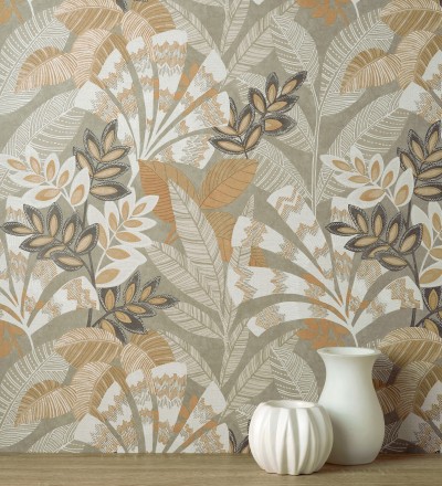 Papel pintado de hojas étnicas fondo gris claro con texturas estilo tropical Aruba Palm 682002