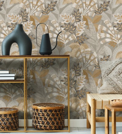 Papel pintado de hojas étnicas fondo gris claro con texturas estilo tropical Aruba Palm 682002