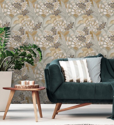 Papel pintado de hojas étnicas fondo gris claro con texturas estilo tropical Aruba Palm 682002