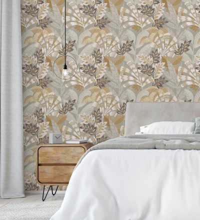 Papel pintado de hojas étnicas fondo gris claro con texturas estilo tropical Aruba Palm 682002