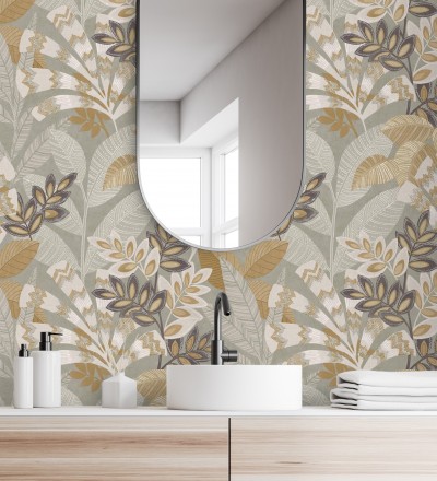 Papel pintado de hojas étnicas fondo gris claro con texturas estilo tropical Aruba Palm 682002