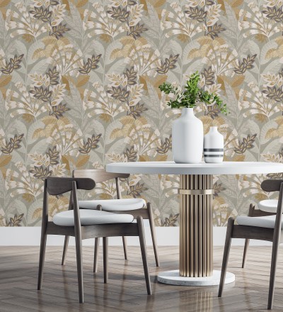 Papel pintado de hojas étnicas fondo gris claro con texturas estilo tropical Aruba Palm 682002