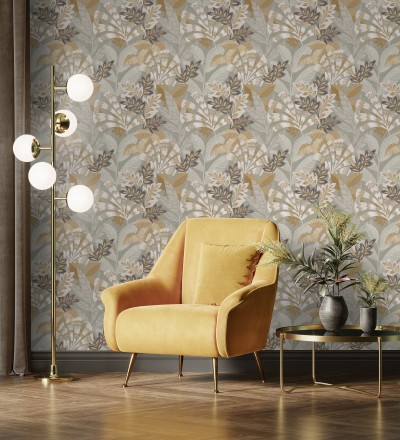 Papel pintado de hojas étnicas fondo gris claro con texturas estilo tropical Aruba Palm 682002