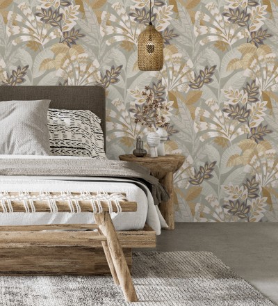 Papel pintado de hojas étnicas fondo gris claro con texturas estilo tropical Aruba Palm 682002