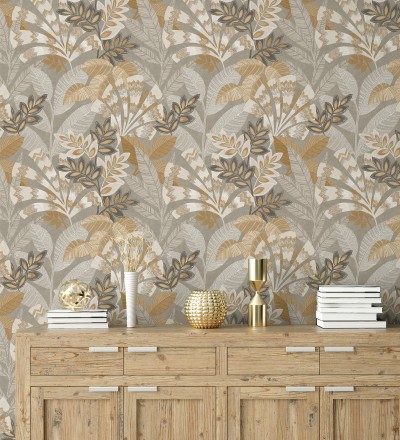 Papel pintado de hojas étnicas fondo gris claro con texturas estilo tropical Aruba Palm 682002