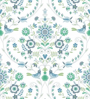 Papel pintado de pájaros y flores tonos verdes y azules Lilith 682048