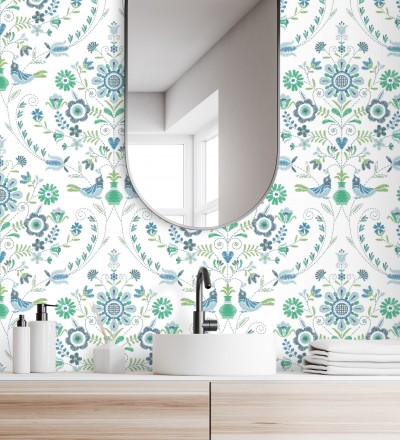 Papel pintado de pájaros y flores tonos verdes y azules Lilith 682048