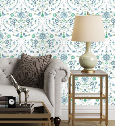 Papel pintado de pájaros y flores tonos verdes y azules Lilith 682048